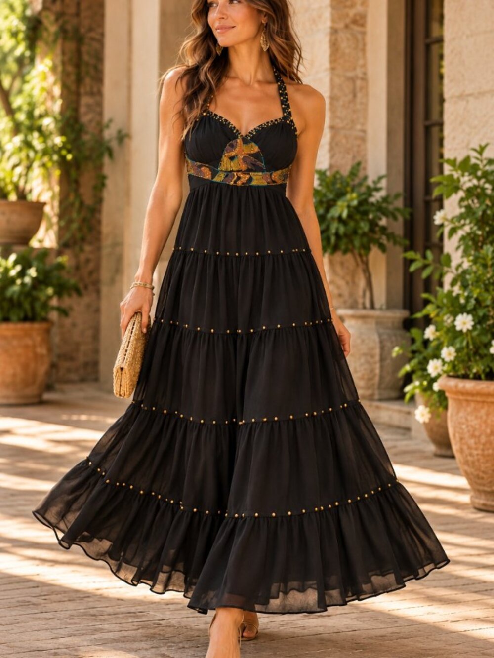 Vintage Marciano Black Beaded Halter Maxi Dress Y2K Boho